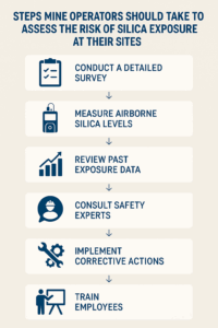 Step-by-step infographic outlining how mine operators assess silica exposure risk, including site surveys, air monitoring, data review, expert consultation, corrective actions, and worker training.