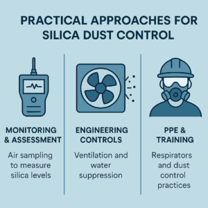 Infographic showing practical approaches for silica dust control in mining, including air monitoring and assessment, engineering controls like ventilation and water suppression, and PPE with worker training.