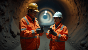 Mining contractors in PPE working underground during MSHA safety training