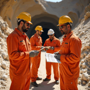 Four miners in protective gear standing near a mine entrance during safety training
