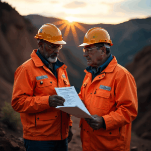Two mine workers in orange hard hats and safety gear inspect battery equipment for fire prevention.