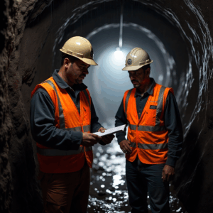 Two miners in PPE checking off a checklist, illustrating coordinated emergency response in an underground mine