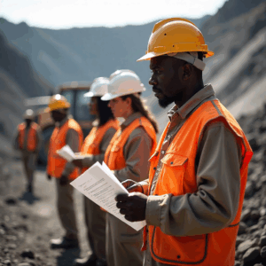 Multiple mine workers in PPE outdoors holding checklists demonstrating accountability in mining safety and accident prevention