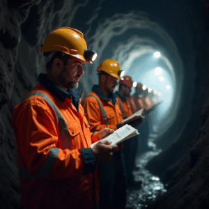 Mining contractors in PPE holding clipboards during MSHA training underground