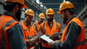 Five mine workers in PPE holding checklists during electrical safety training in a mine