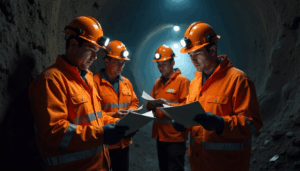 four miners wearing protective gear in an underground mine