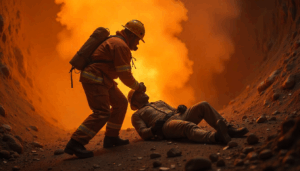 Two firefighters surrounded by flames inside a mine, emphasizing MSHA fire prevention regulations and emergency response