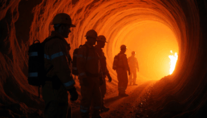 Five miners in an underground mine surrounded by flames, illustrating the critical role of firefighting equipment and procedures in mine safety