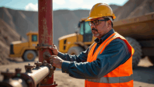 Mine worker wearing a yellow hard hat while operating mining equipment, demonstrating the role of color standards in mining safety
