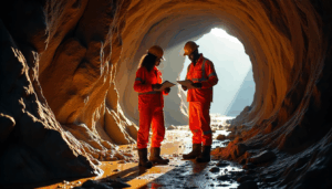 Two miners wearing full PPE standing at the entrance of a mine, illustrating MSHA’s safety initiatives to prevent catastrophic mining accidents.