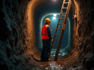 Miner working at the base of a ladder, highlighting ladder safety practices in mining operations
