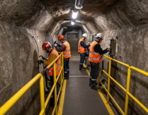 Four miners in PPE working on electrical systems in a mine highlighting qualified personnel roles